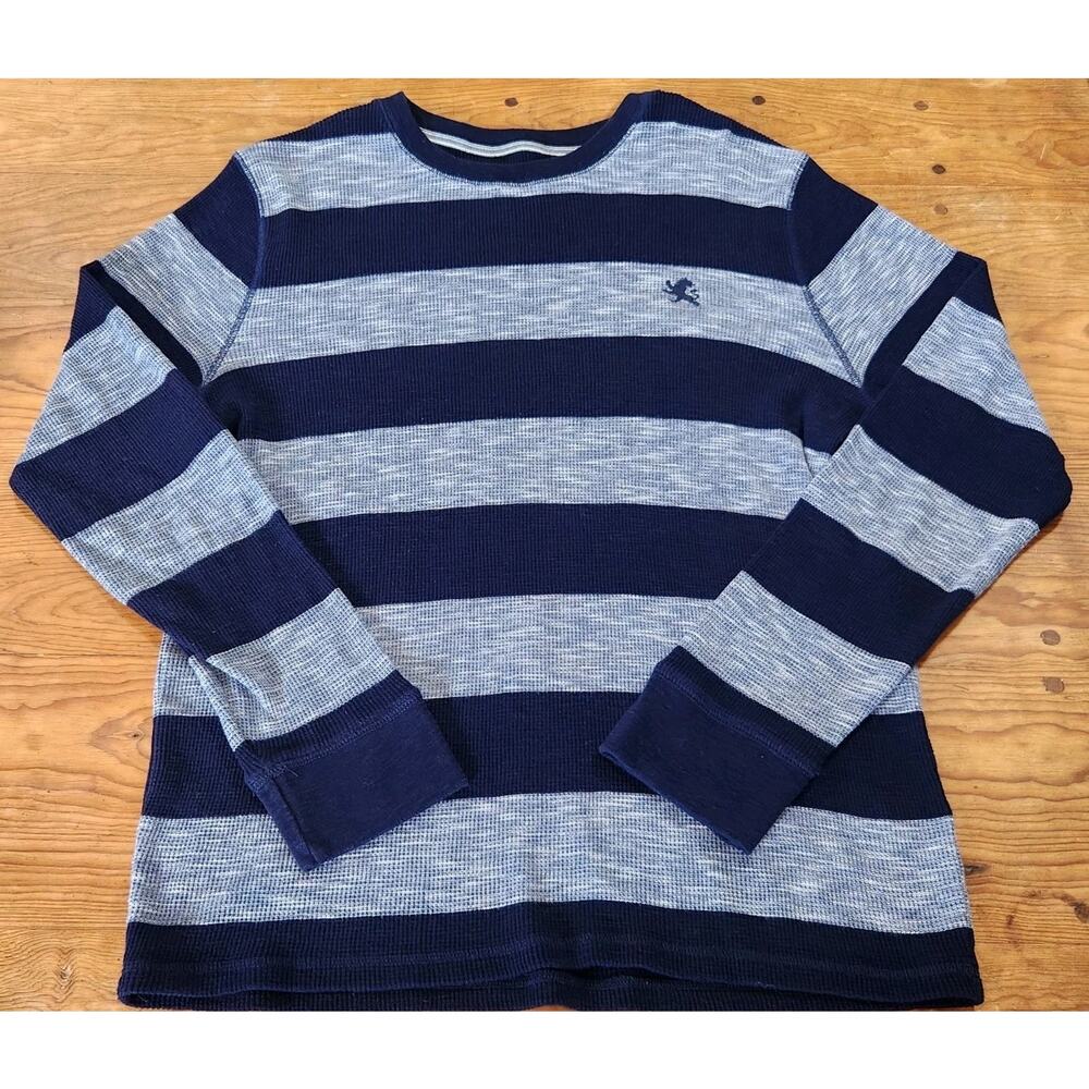 Express Mens Striped Waffle Knit Long Sleeve Shirt Tight Y2K PREPPY Twilight Lg